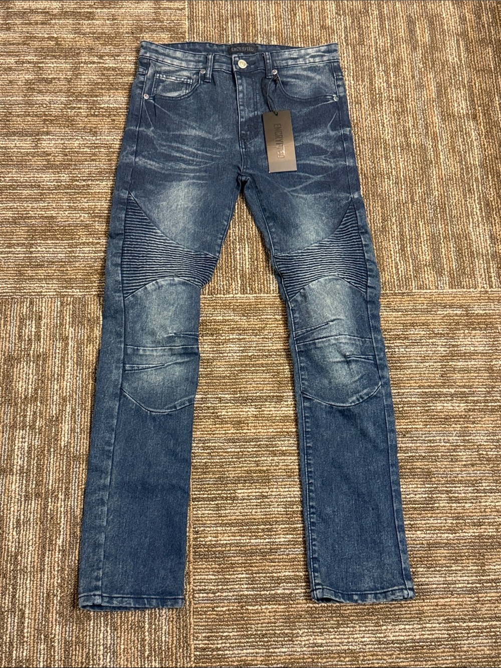 Encrypted Slim Moto Biker Jeans in Faded Blue